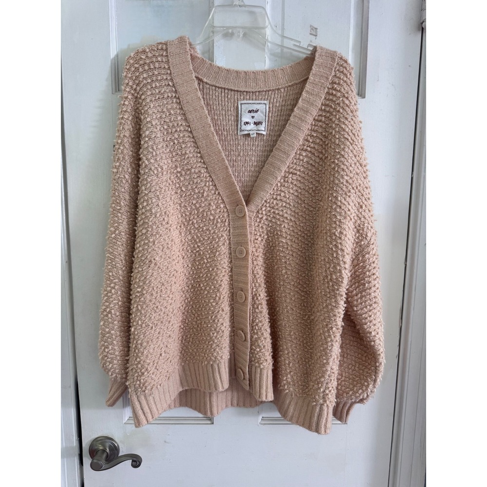 Aerie Emily + Meritt Popcorn Boucle Knit Cardigan Sweater Peach Pink Small